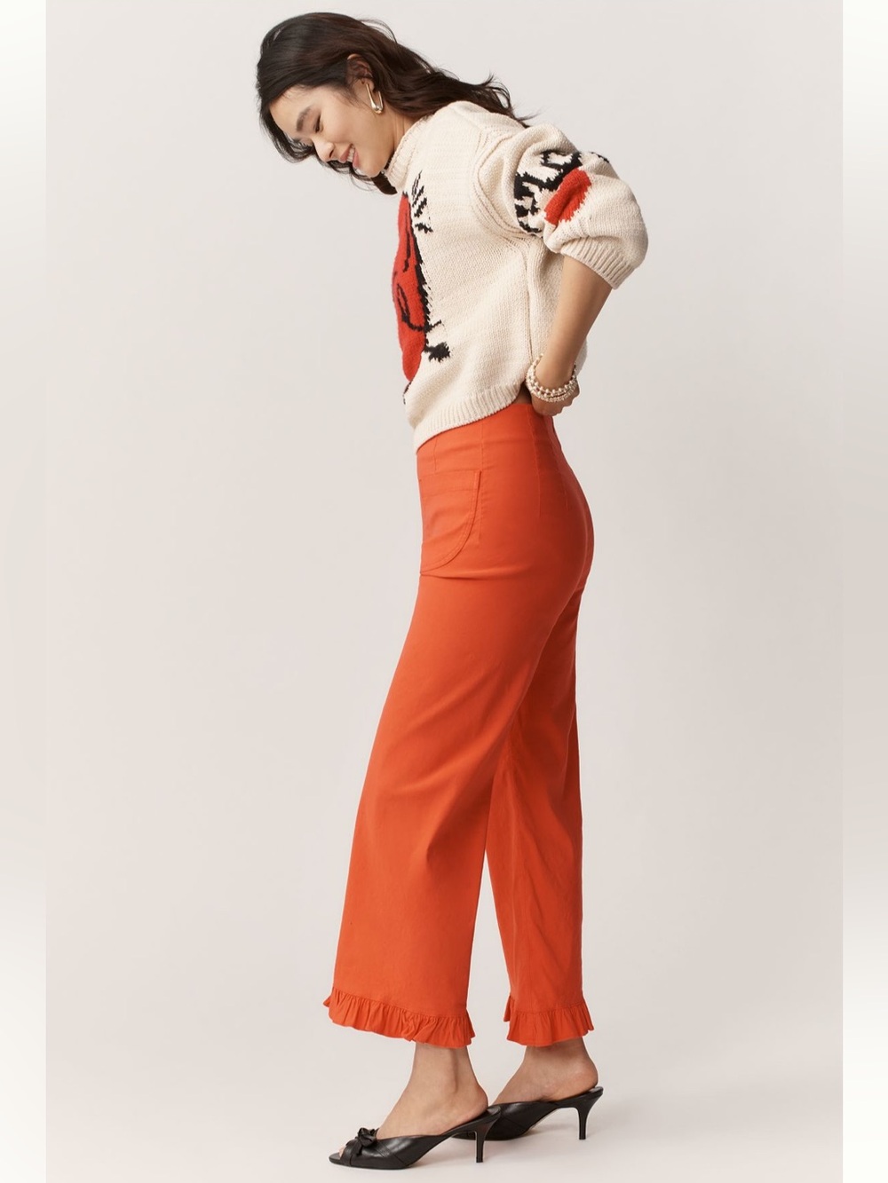 NWT Maeve Colette Ruffle-Hem High-Rise Wide-Leg Pants in Magic Fabric